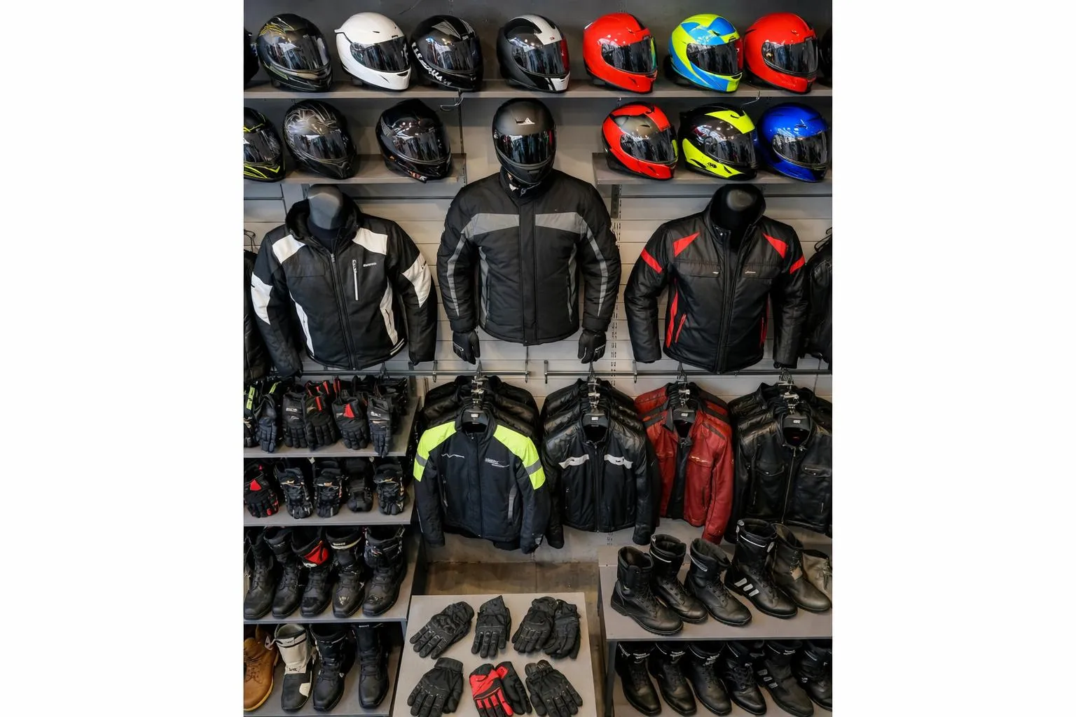 Équipement de protection pour la moto, casques, vestes, gants et bottes.