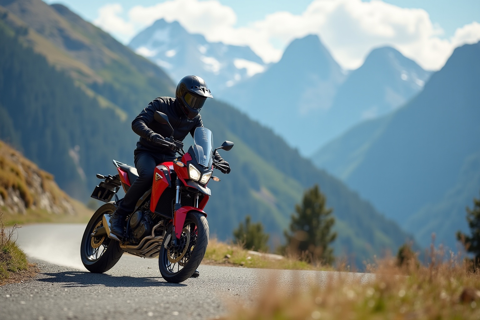 Motocycliste sur une route de montagne avec un paysage pittoresque.