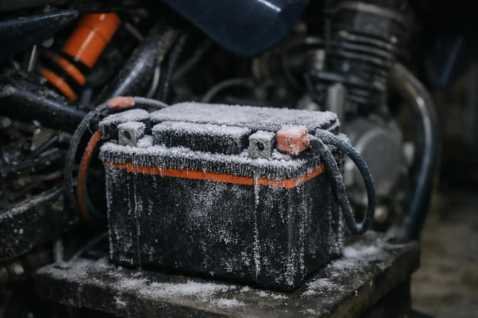 Batterie de moto avec des cristaux de givre sur les bornes dans un garage sombre et froid, éclairage tamisé mettant en évidence l'effet du gel hivernal sur l'équipement moto