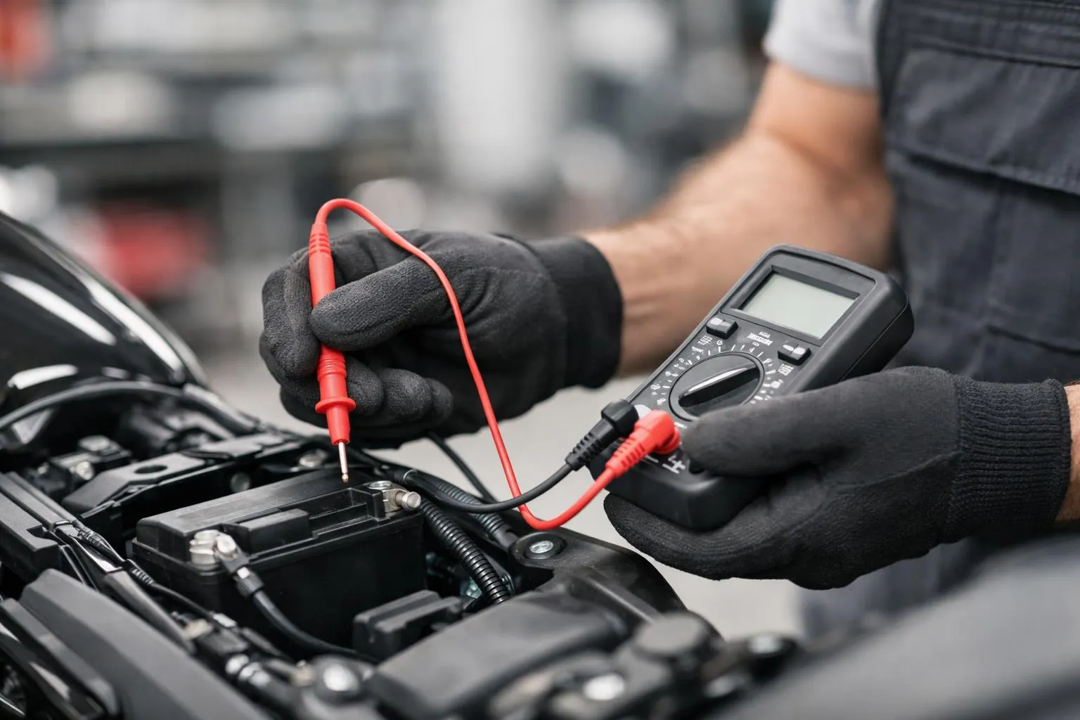 Un mécanicien inspecte la batterie d'une moto à l'aide d'un multimètre numérique dans un atelier bien éclairé.
