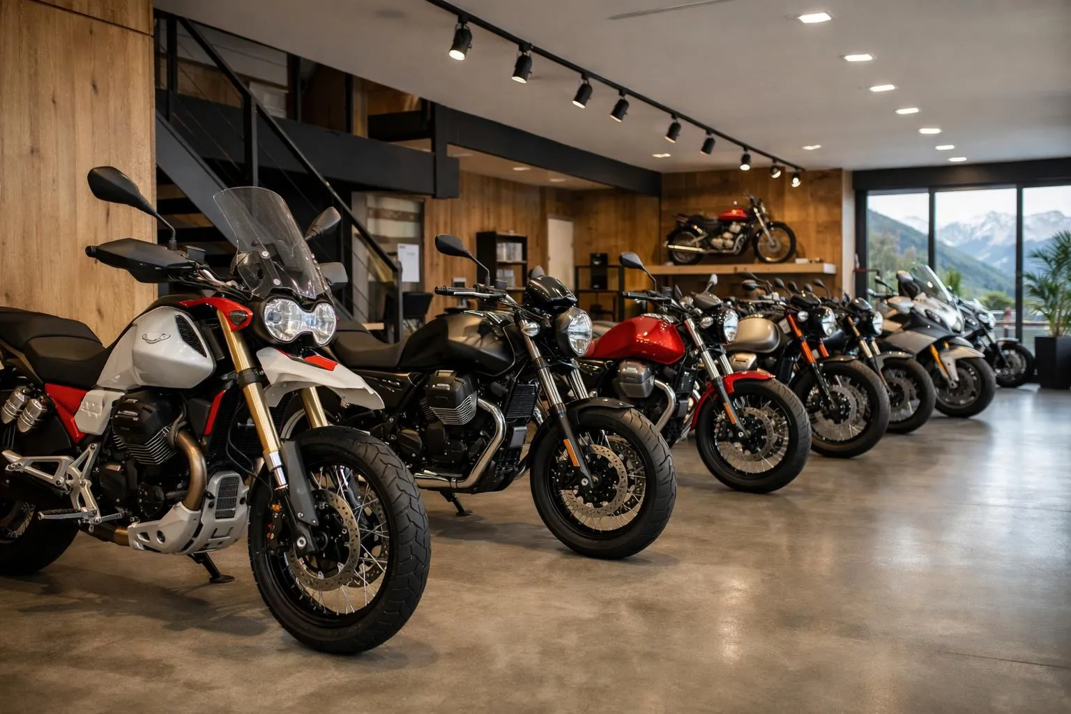 Showroom de motos de différents modèles et styles.