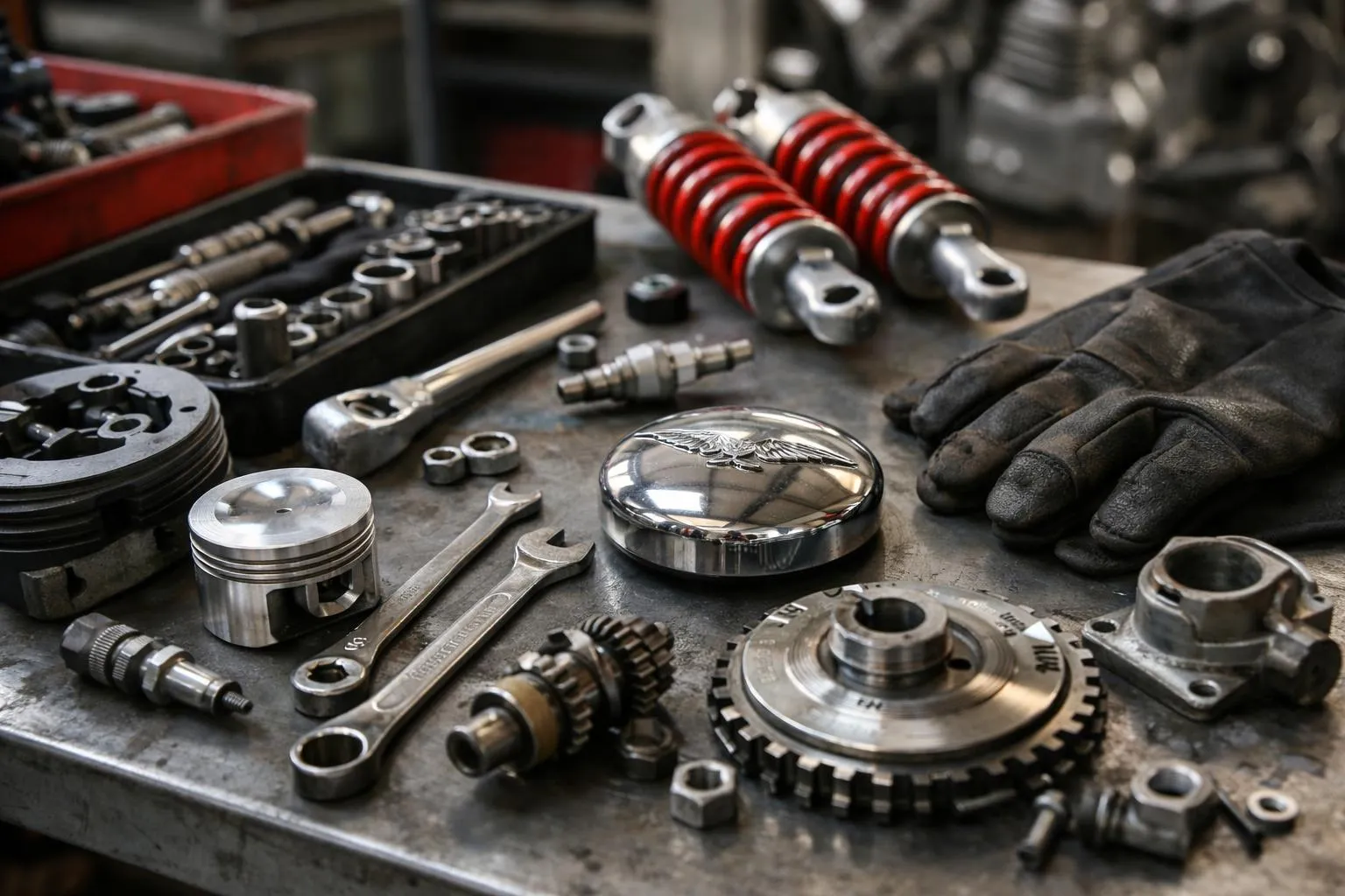 Outils et pièces de mécanique automobile sur un établi.