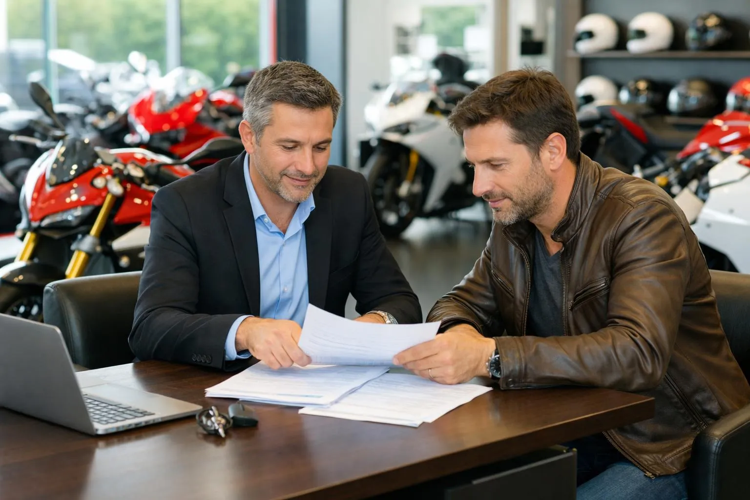 Deux hommes d'affaires examinant des documents dans un showroom de motos.