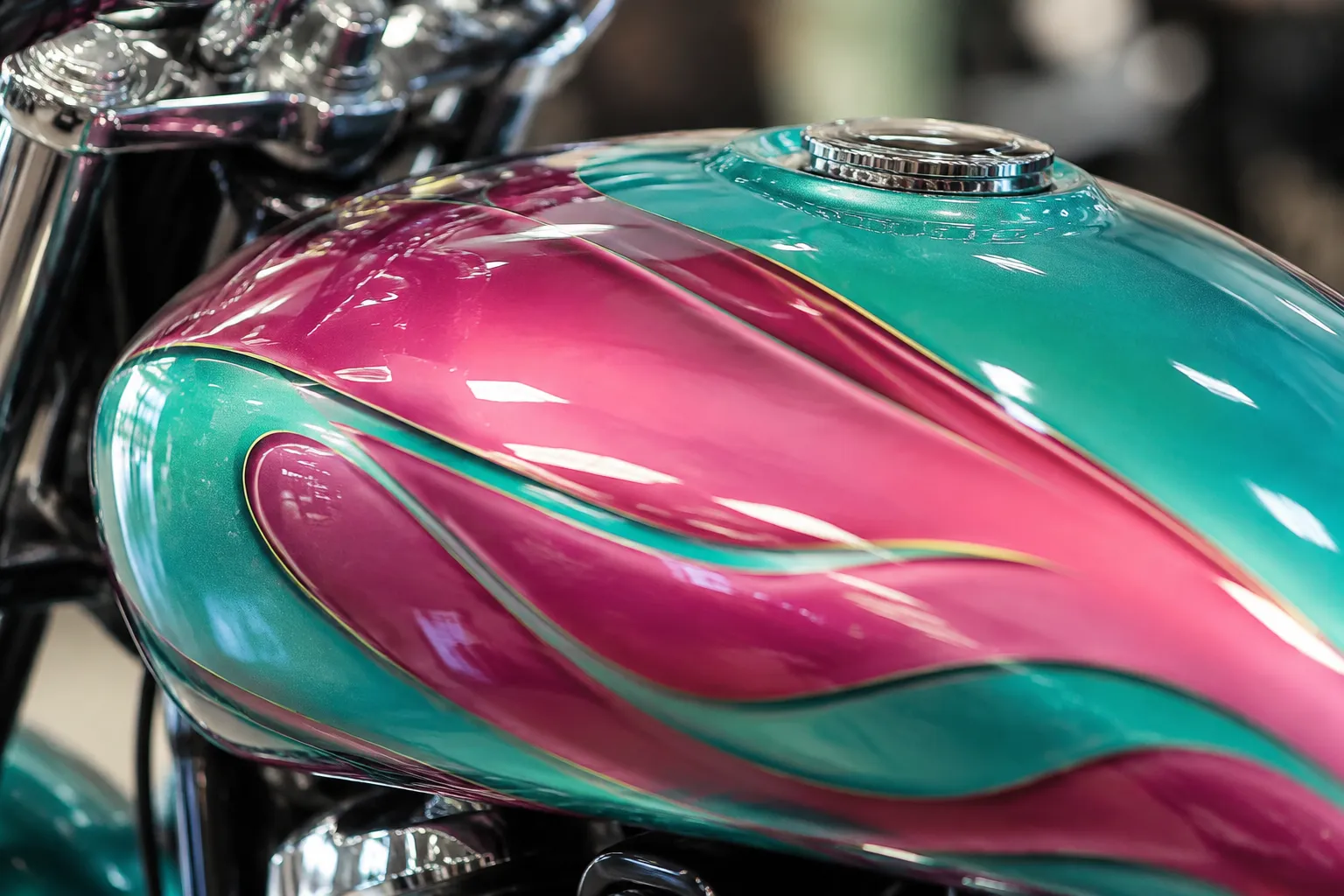 Réservoir de moto aux couleurs rose et turquoise vives.