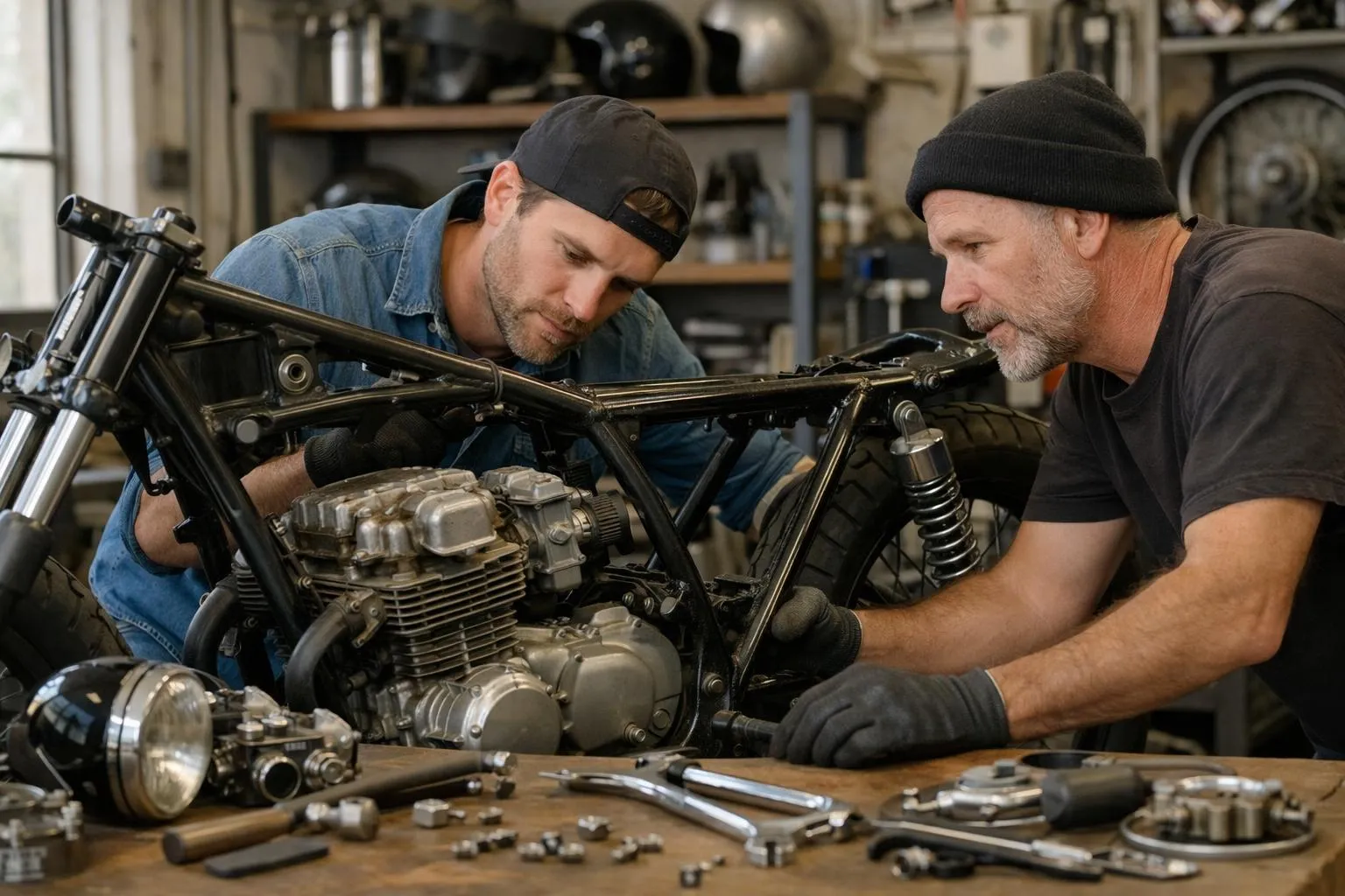 Deux mécaniciens réparant une moto dans un atelier.