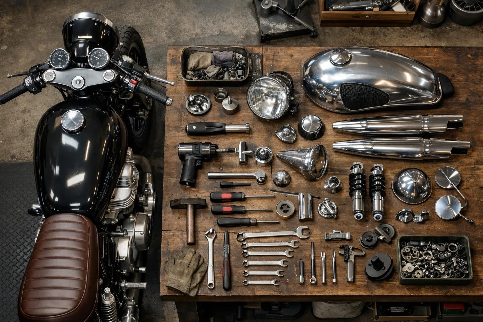 Pièces de moto vintage, outils et accessoires sur un établi en bois.