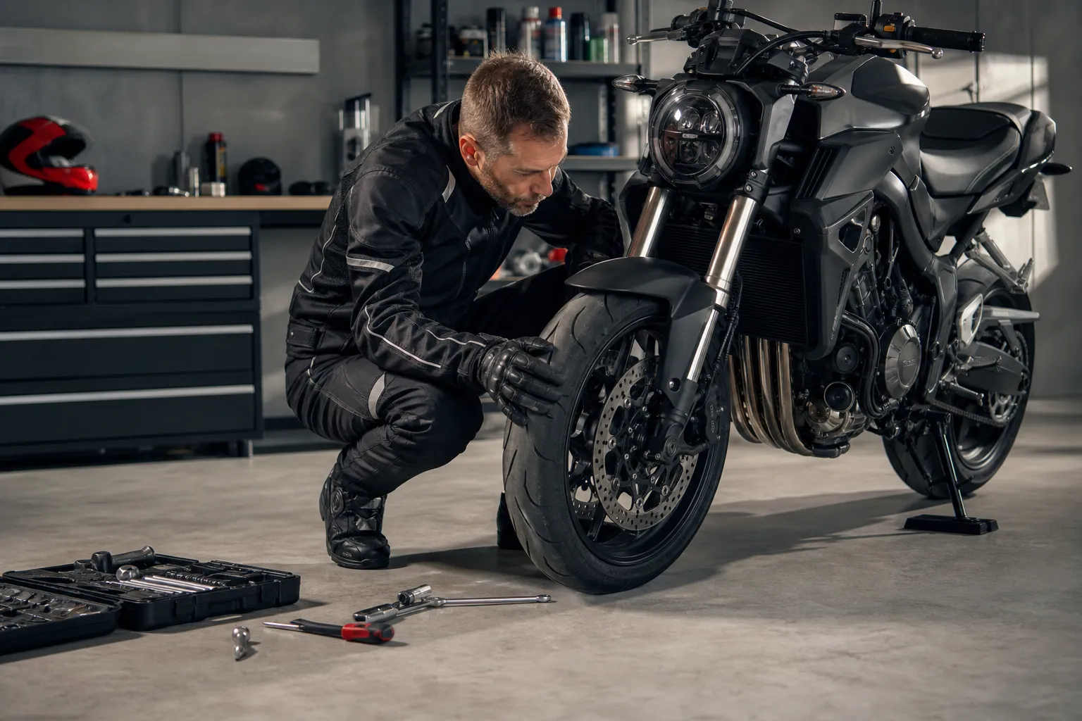 Un homme en veste noire répare une moto noire dans un garage.