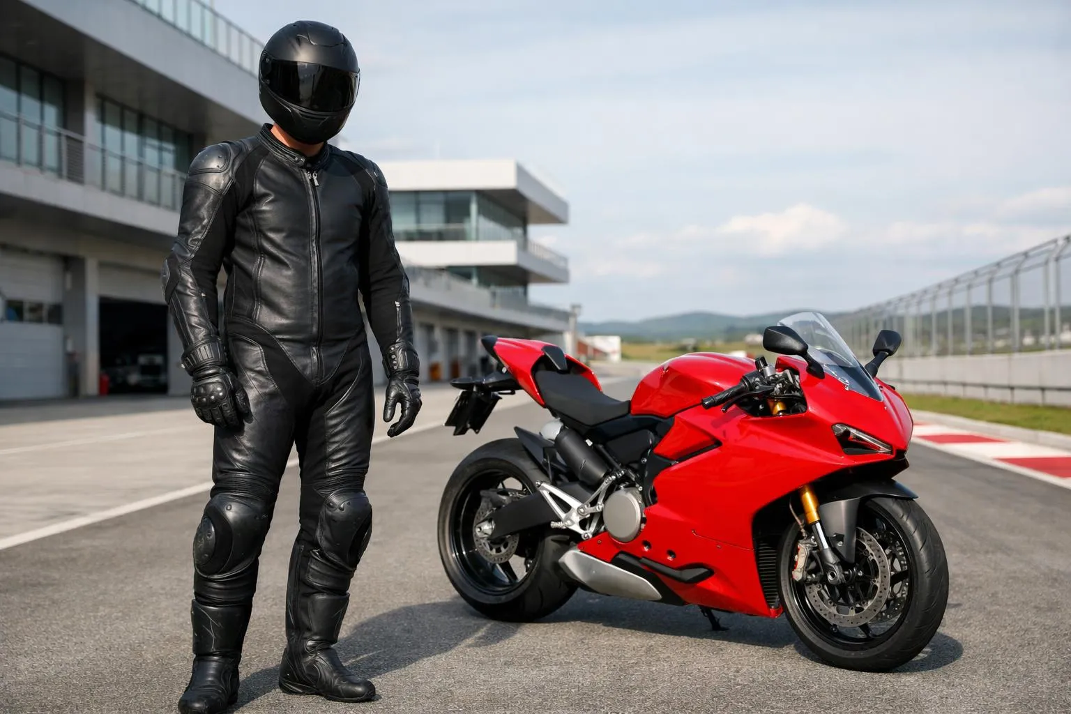 Motard en tenue de protection près d'une moto de course rouge.