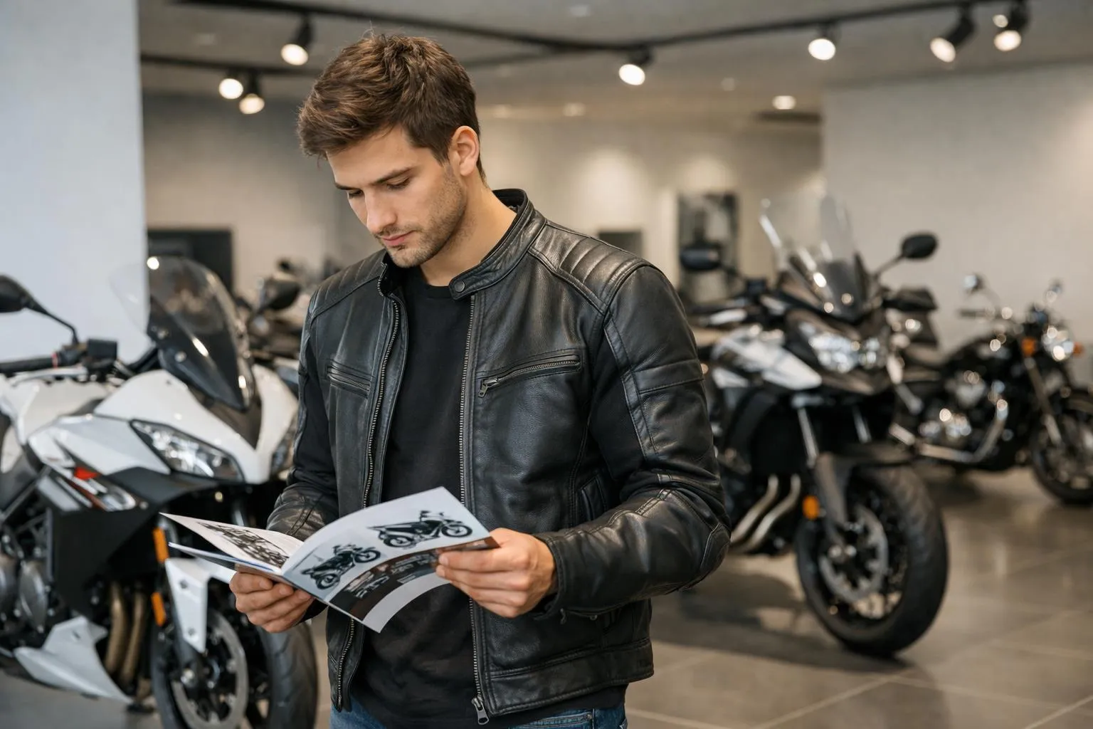 Homme en veste de cuir noir examinant un catalogue de motos dans un showroom.