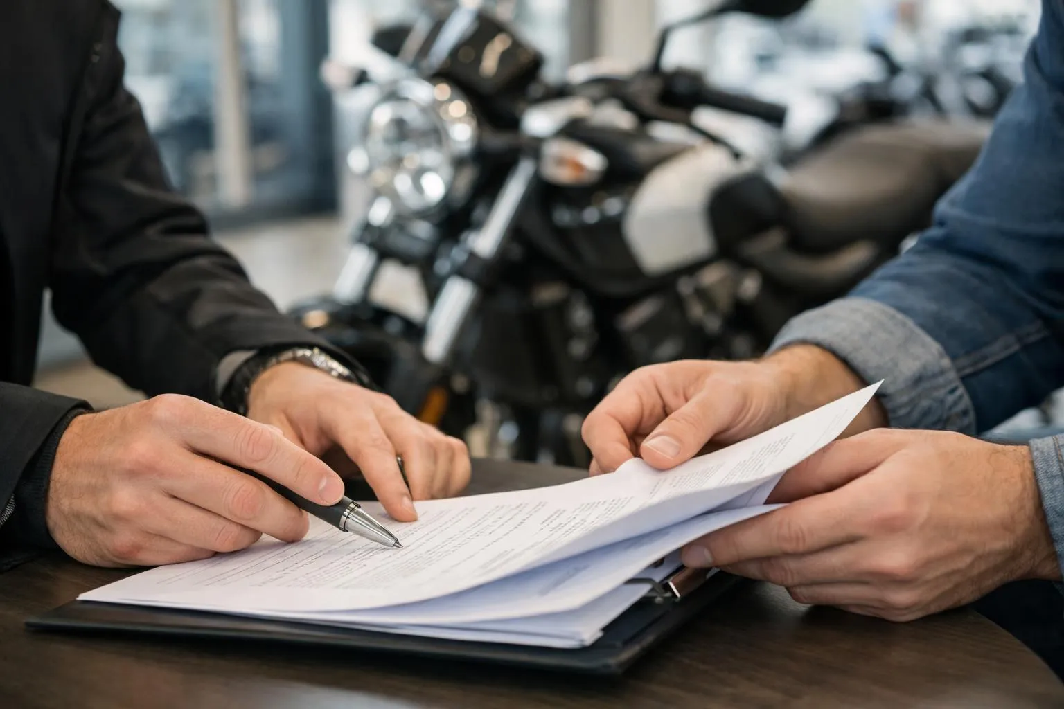 Signature d'un contrat de vente de moto dans un showroom.