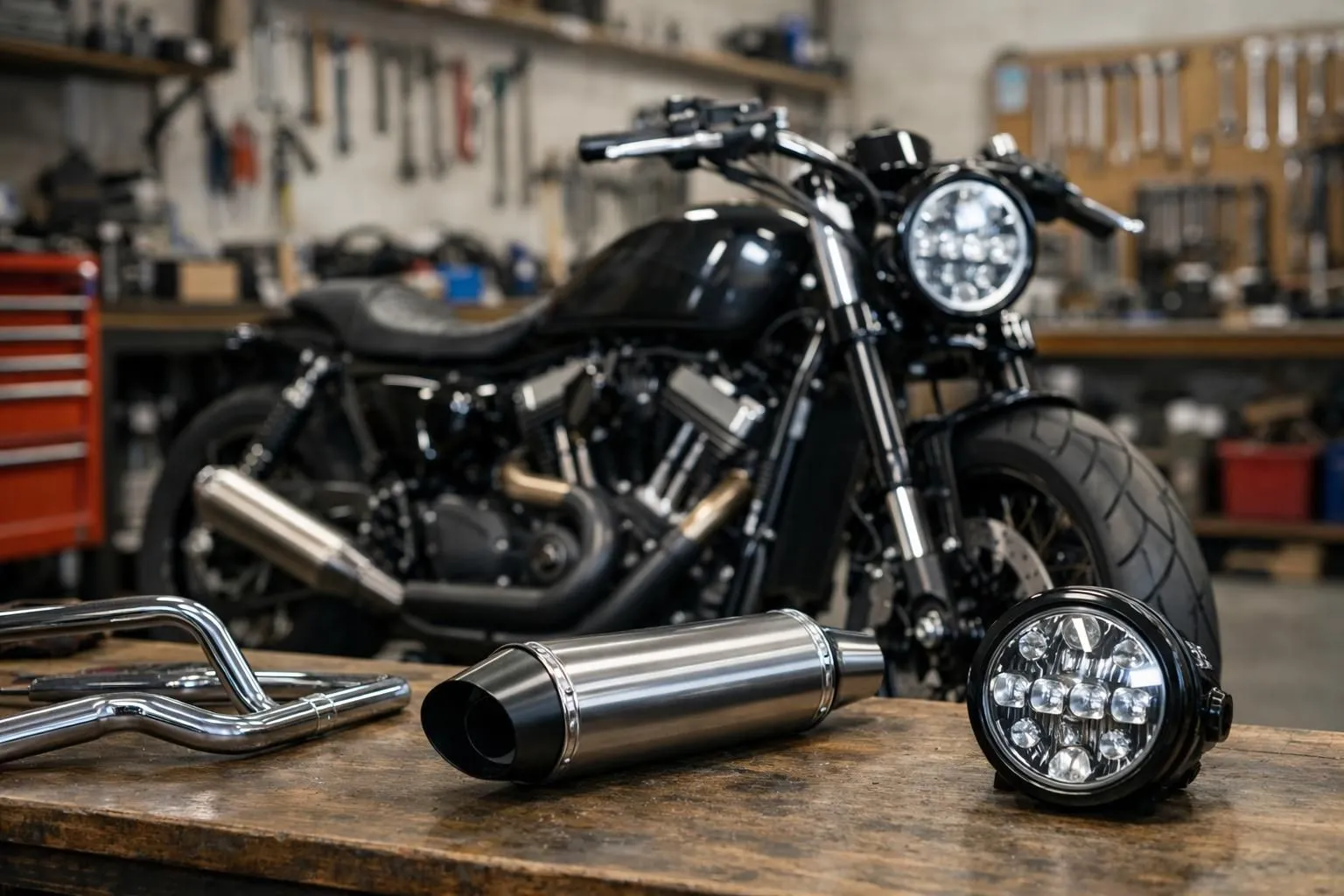 Close-up d'une moto custom moderne dans un garage suisse avec plusieurs accessoires premium visibles (guidon chromé, silencieux sport, phare LED), ambiance atelier professionnel chaleureux, outils de mécanique en arrière-plan