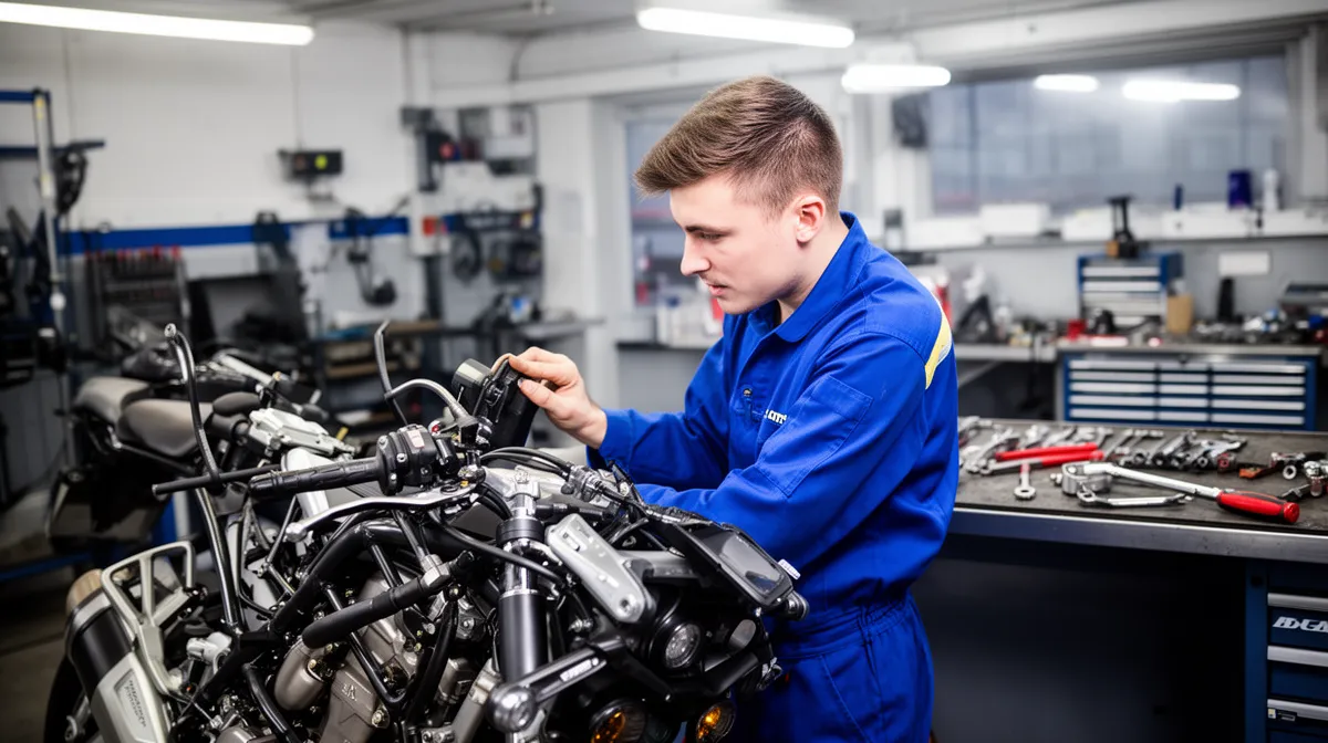 Mécanicien travaillant sur un moteur de moto dans un atelier.
