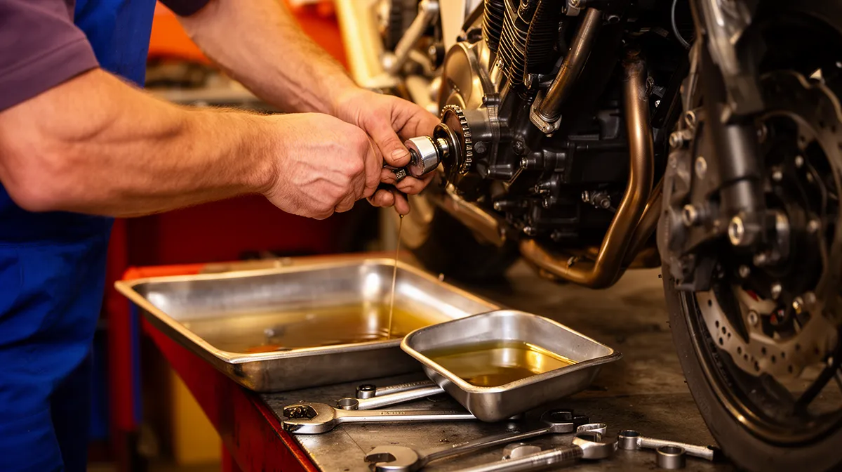 Mécanicien réparant un moteur de moto avec des outils.