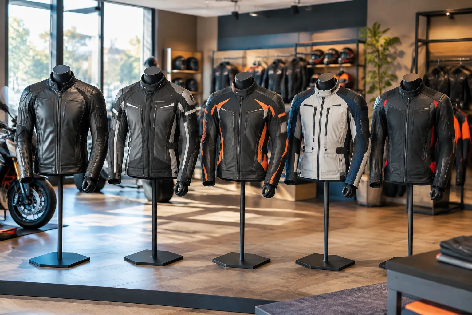 Cinq vestes de moto exposées sur mannequins en magasin
