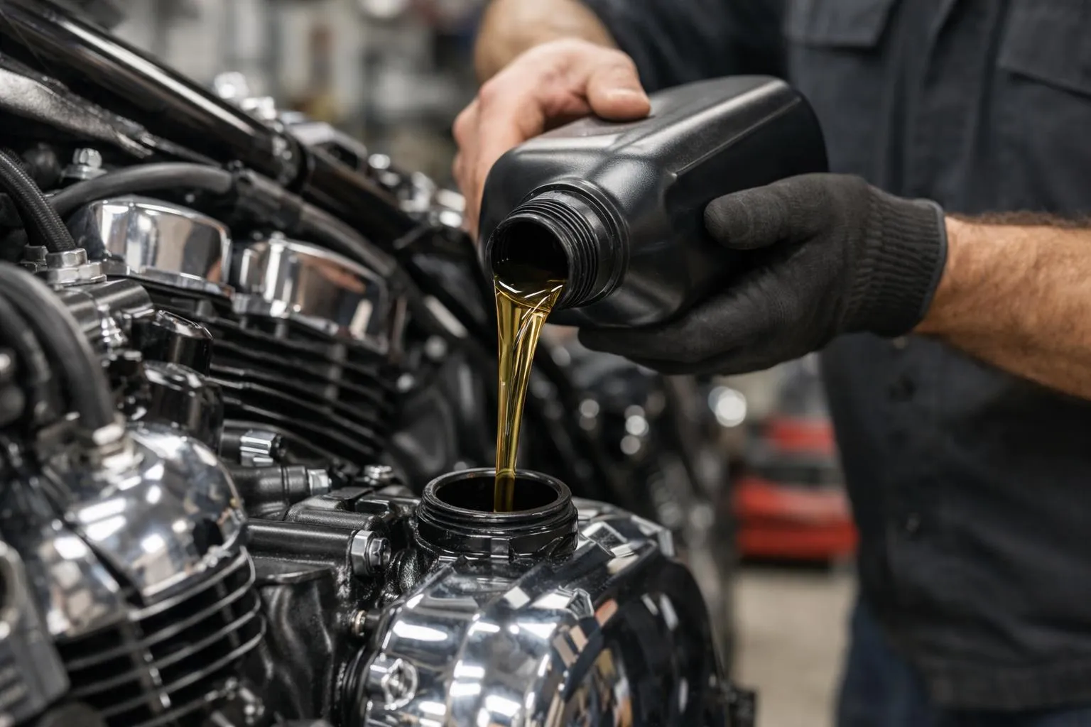 Vue rapprochée du moteur de moto avec de l'huile moteur fraîche versée dans le réservoir d'huile, atelier mécanique avec pièces métalliques propres visibles, style photo réaliste montrant le processus d'entretien.