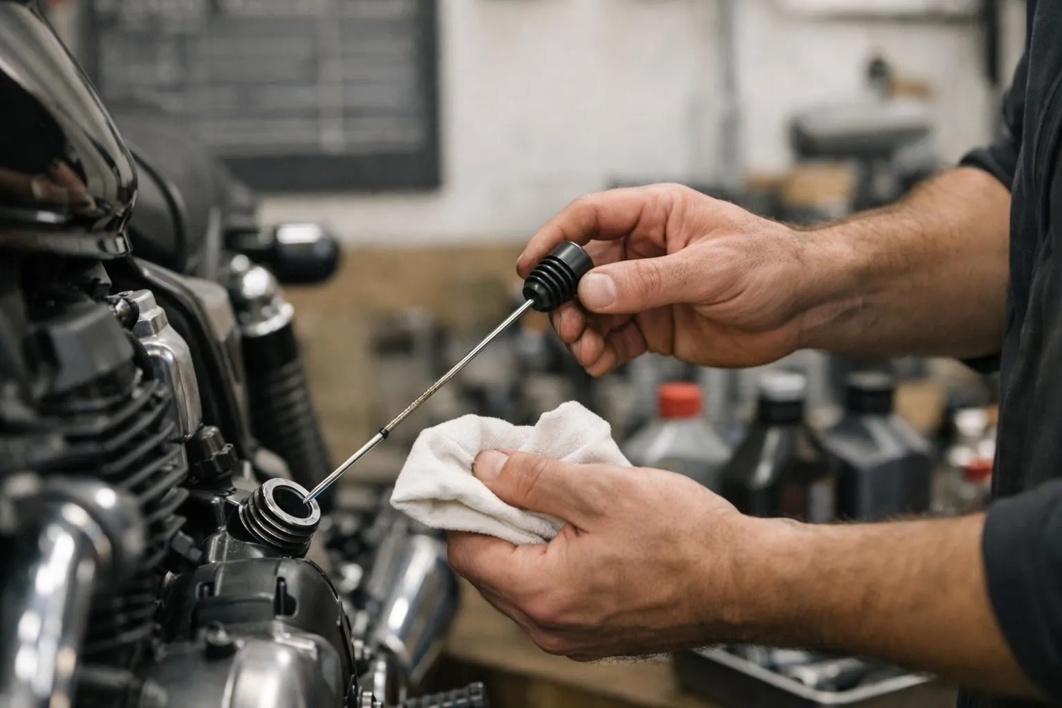 Mains vérifiant le niveau d'huile de la moto avec la jauge dans un atelier moderne, tableau d'entretien en arrière-plan, environnement professionnel de mécanicien avec outils et bouteilles d'huile sur l'établi.