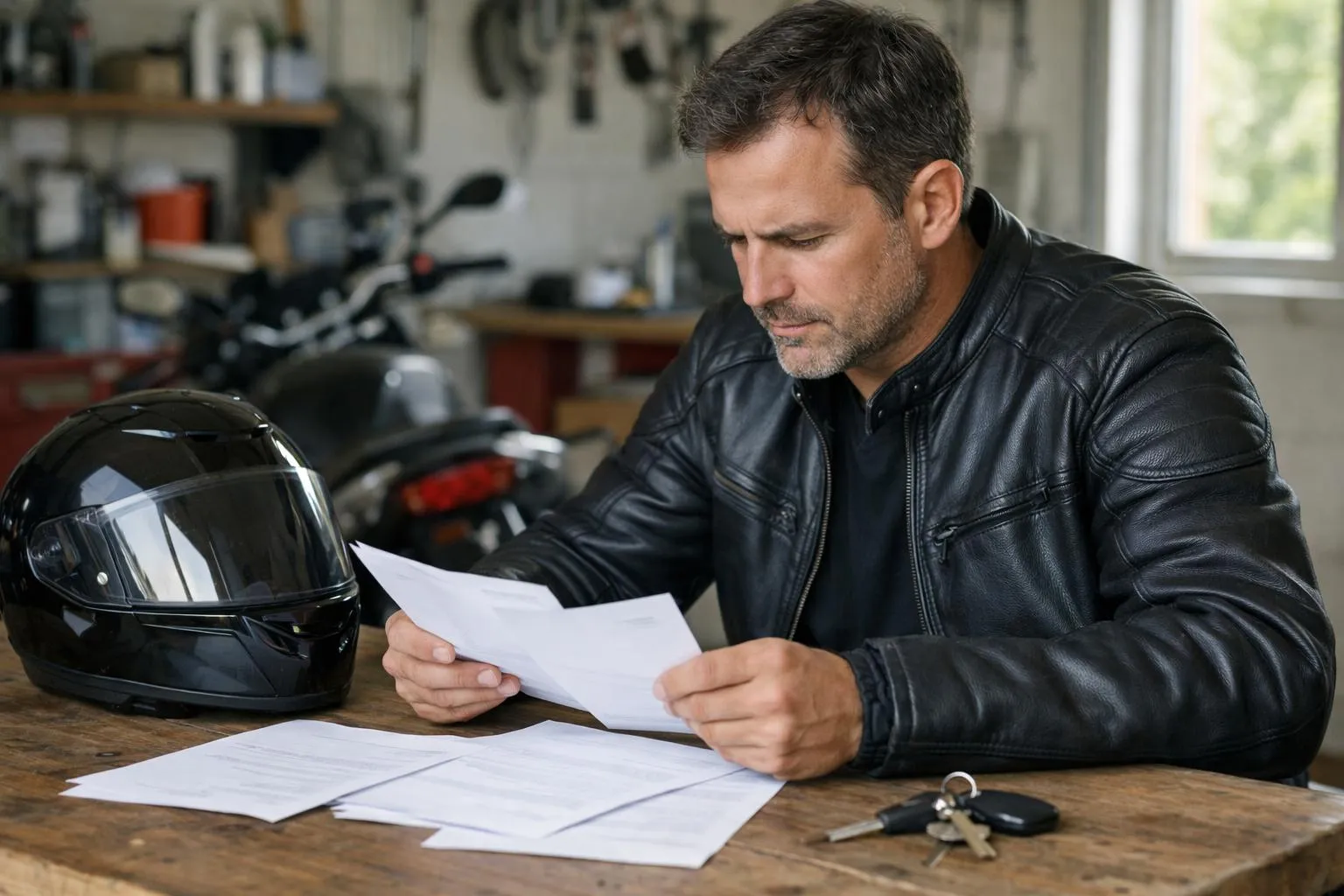 Homme en veste de cuir noir examinant des documents dans un atelier.