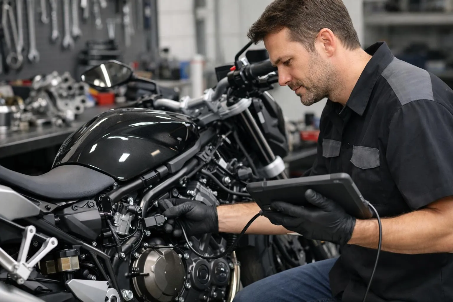 Mécanicien en train de réparer une moto noire dans un atelier.