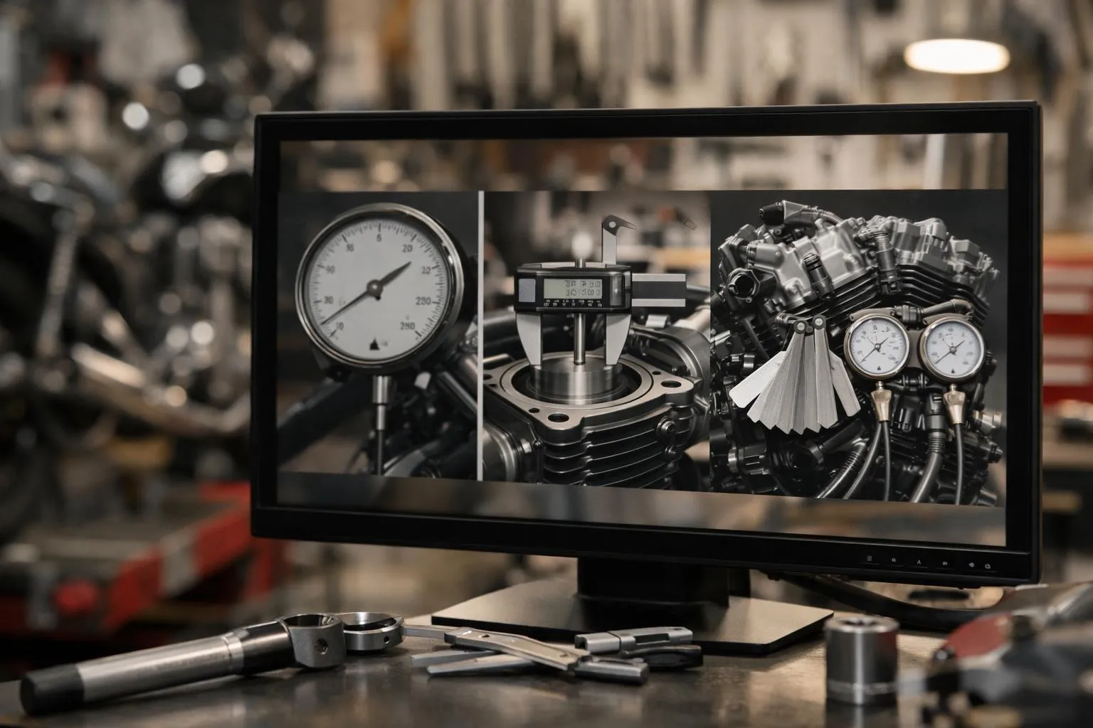 Moteur de moto, outils et jauge de pression dans un atelier.
