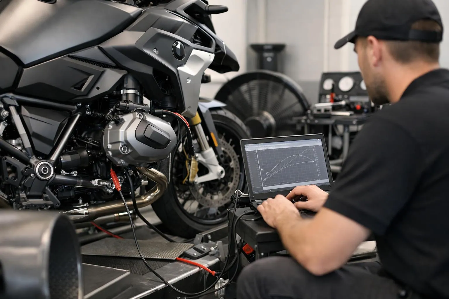 Mécanicien analysant les données d'un motocycle de course sur ordinateur portable.