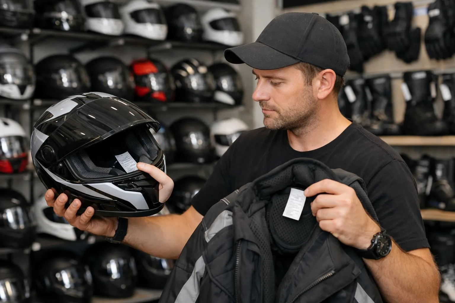 Homme examinant un casque de moto dans un magasin.