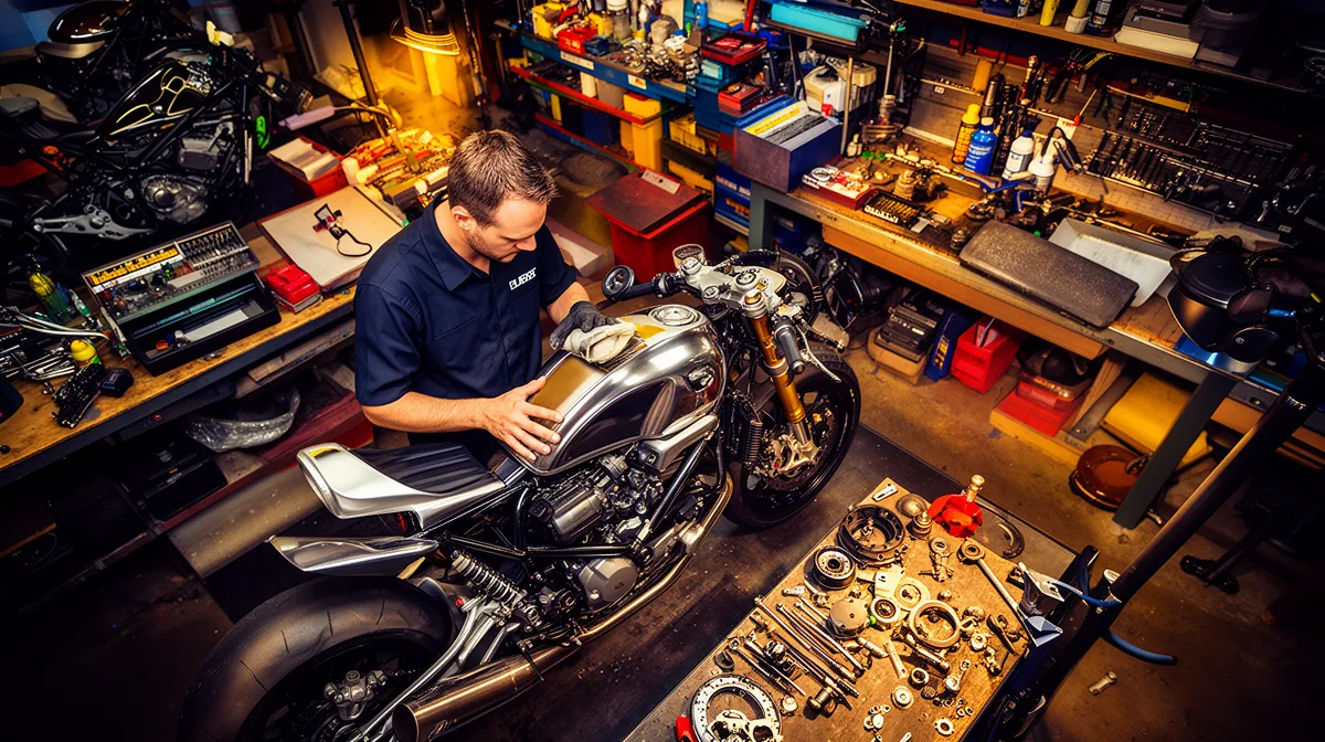 Mécanicien réparant une moto de course dans un atelier encombré.