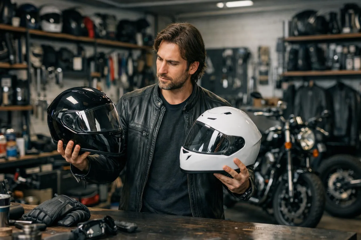 Homme en veste de cuir examinant des casques de moto dans un atelier.
