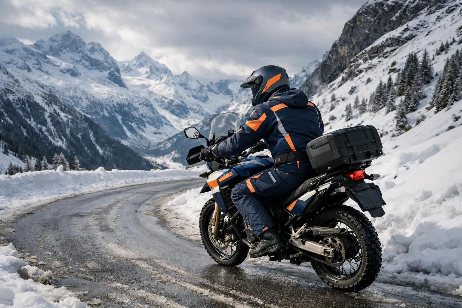 Motorcyclist wearing full winter gear riding on snow-covered mountain road in Swiss Alps during winter, dramatic lighting showing cold conditions and protective equipment against frosty landscape