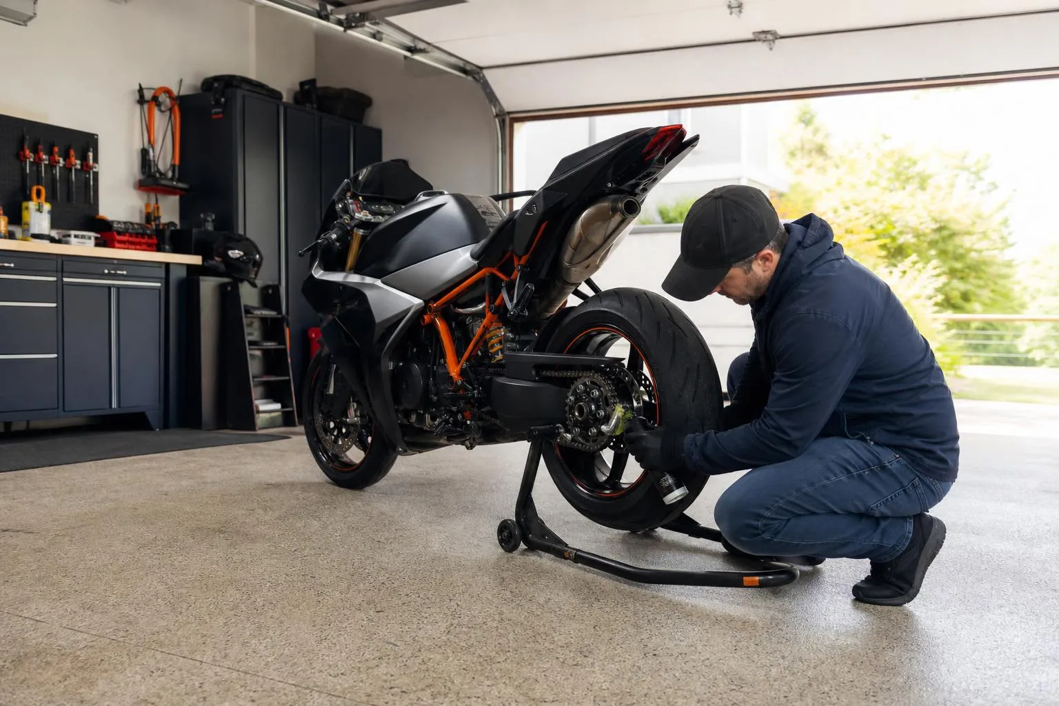 Motard entretient une moto sportive dans un garage.