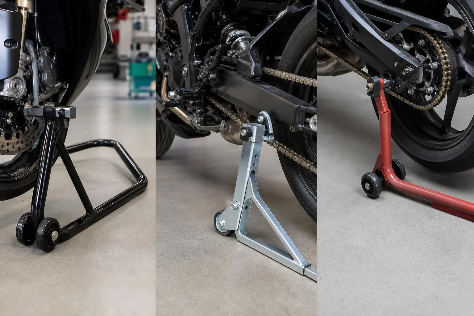 Trois béquilles d’atelier soutenant différentes parties d’une moto.