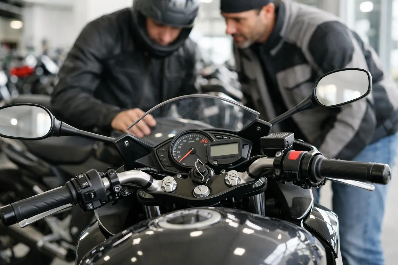 Deux hommes en vêtements d'hiver inspectent un tableau de bord de moto.