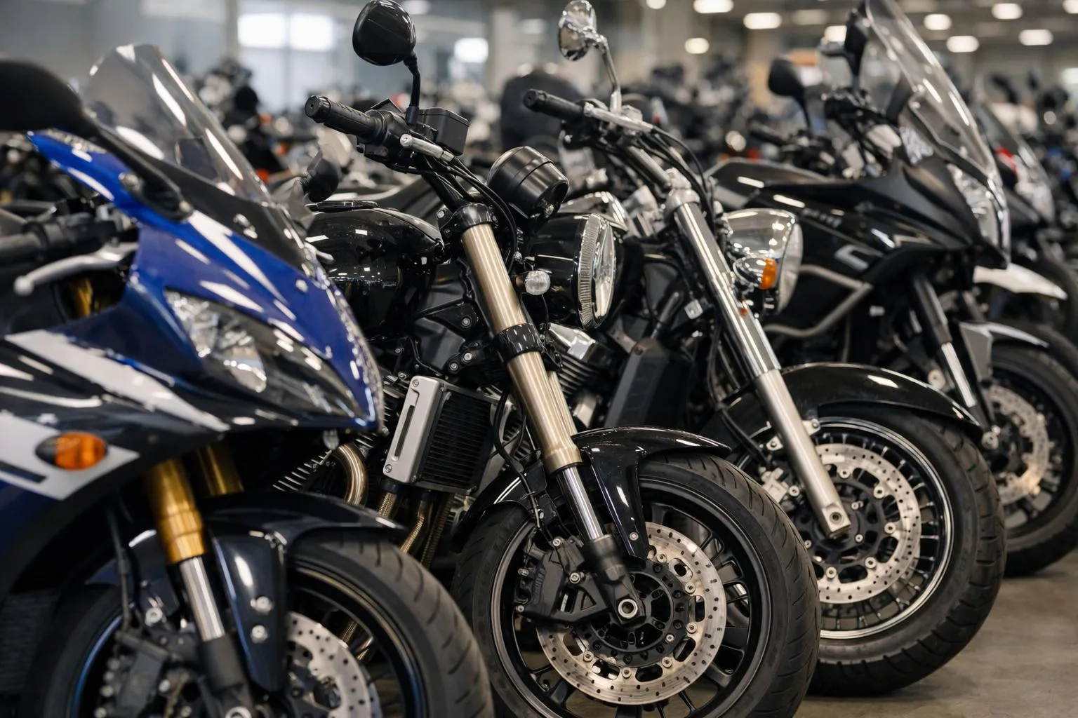 Motos de sport noires et bleues avec détails chromés.