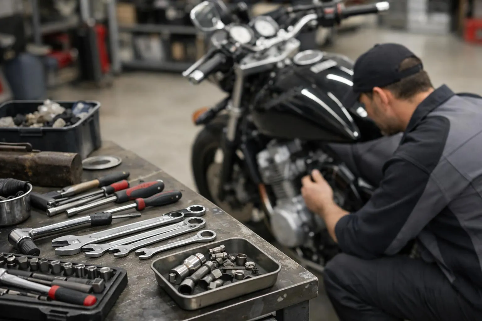 Mécanicien réparant une moto noire dans un atelier.