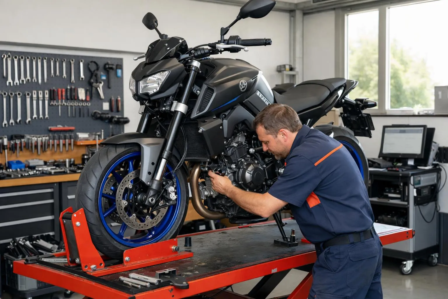 A professional motorcycle workshop in French-speaking Switzerland showing a Yamaha MT-series bike on a service lift, with a mechanic in clean work attire inspecting the engine and suspension, tools organized on workbench, well-lit modern garage environment with diagnostic equipment visible in background