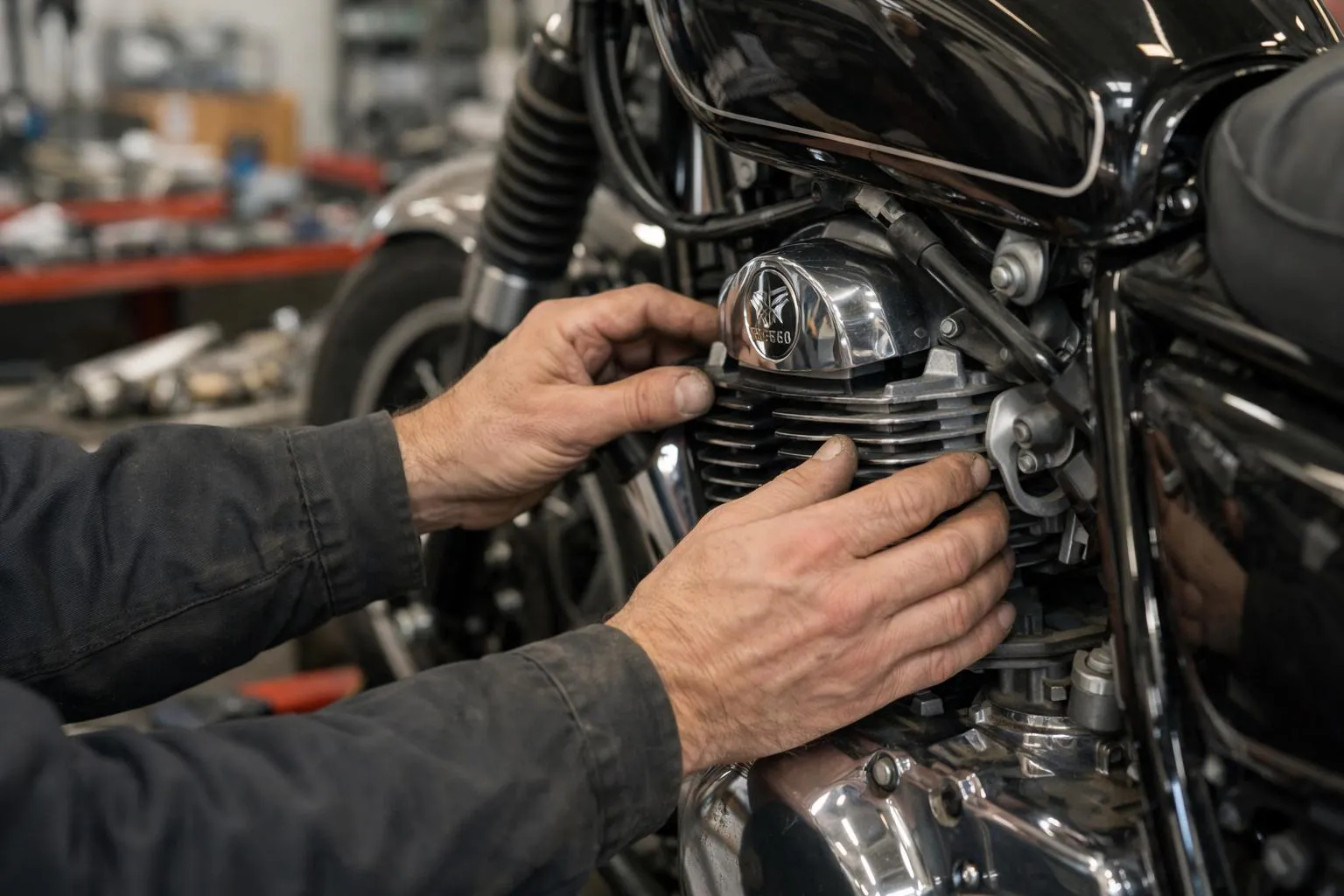A Yamaha motorcycle being serviced in a professional workshop in Bevaix, Switzerland, with mechanics working on the bike, tools and spare parts visible, and a customer discussing with a technician in the background, natural lighting highlighting the modern garage environment