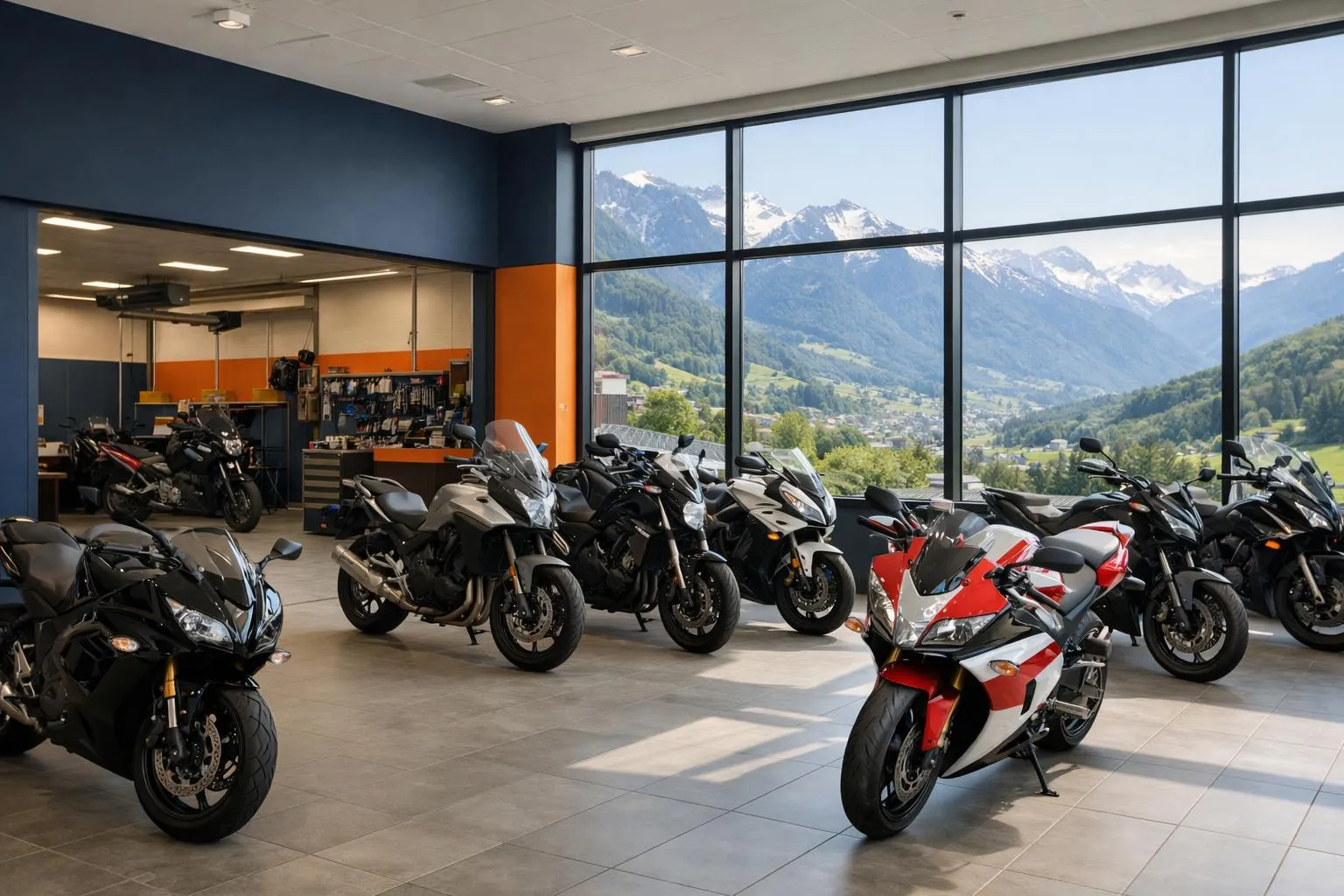 Vaste showroom de motos dans la Romandie suisse présentant de nombreuses motos d'occasion abordables avec étiquettes de prix, paysage alpin suisse visible à travers de grandes fenêtres, lumière naturelle éclairant les motos polies, zone d'atelier professionnel en arrière-