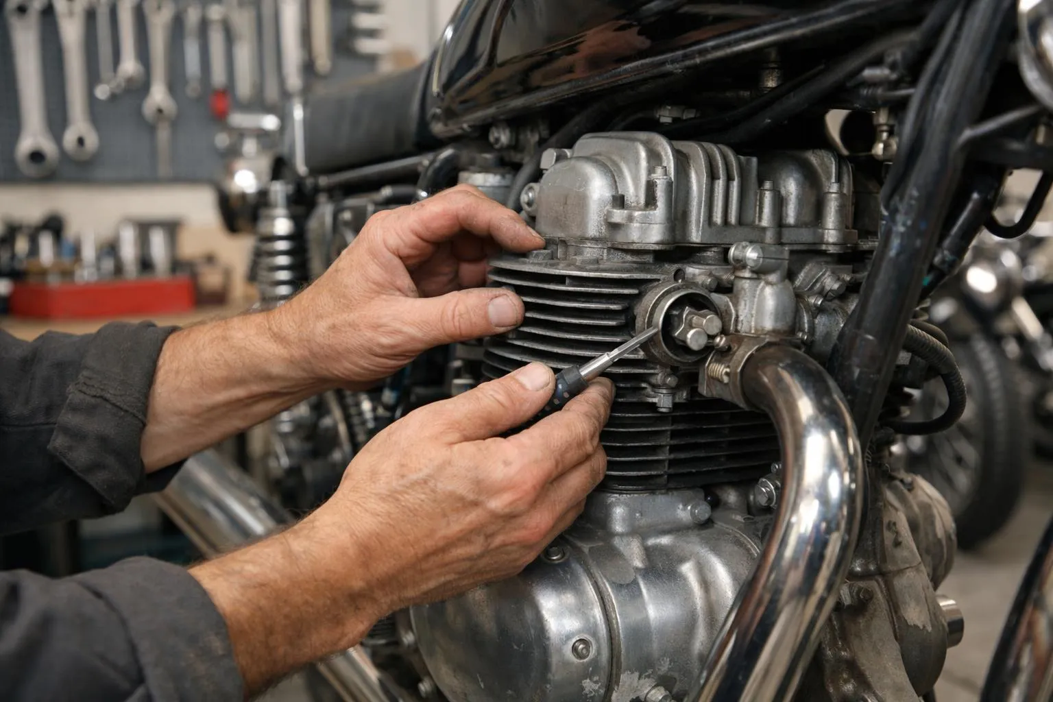 Mécanicien moto professionnel inspectant le moteur d'une moto vintage dans un atelier bien éclairé, avec des outils organisés sur l'établi et plusieurs motos visibles en arrière-plan, photographie réaliste.