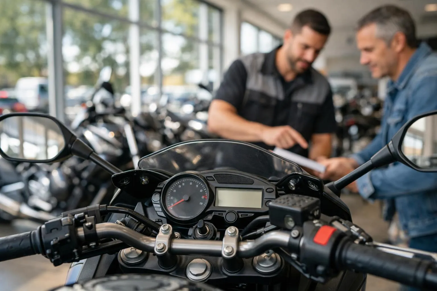 Salle d'exposition transparente de concessionnaire de motos en Suisse romande avec étiquettes de prix clairement affichées sur les motos d'occasion, mécanicien amical montrant des documents à un client, éclairage naturel, atmosphère professionnelle mais abordable, sans texte ni chiffres visibles