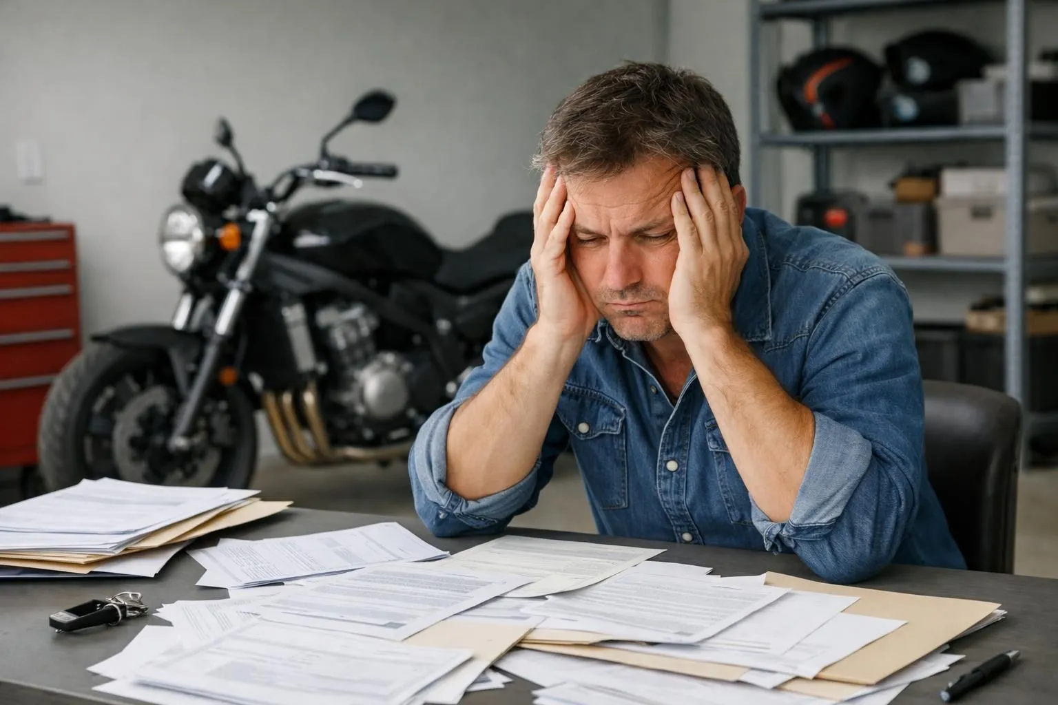 Propriétaire de moto assis à son bureau, entouré de documents éparpillés, l'air frustré, avec sa moto garée en arrière-plan.