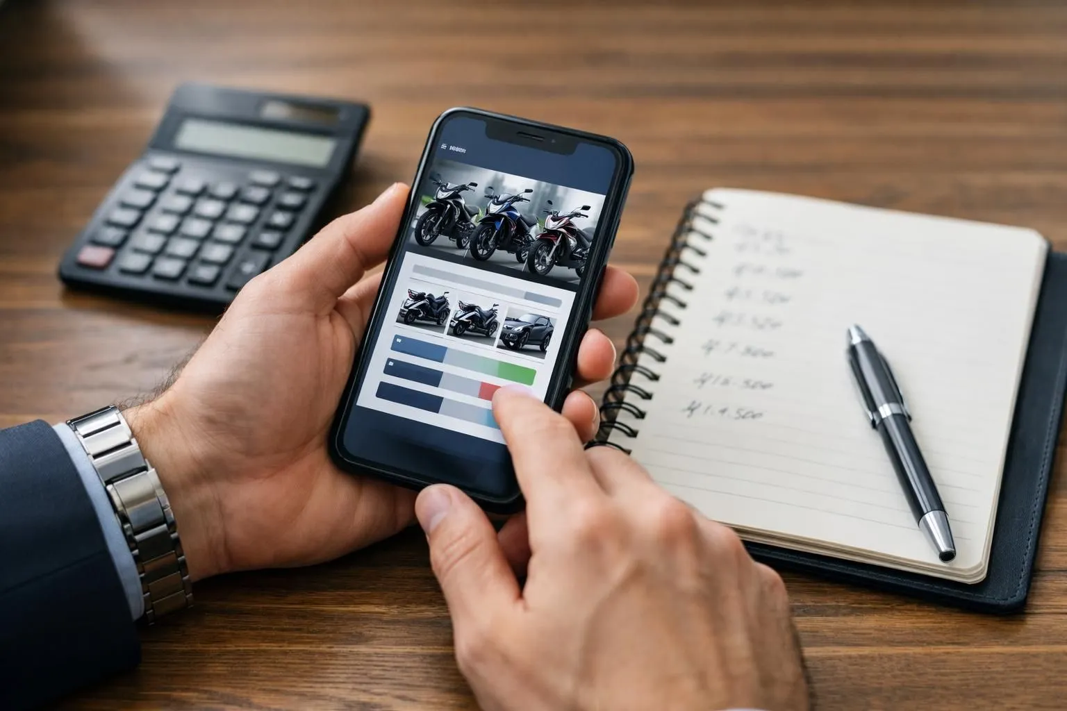Gros plan des mains tenant un smartphone affichant une application de marché de motos avec des comparaisons de prix, une calculatrice et un cahier avec des notes de prix manuscrites sur un bureau en bois, sous la lumière du jour naturelle.