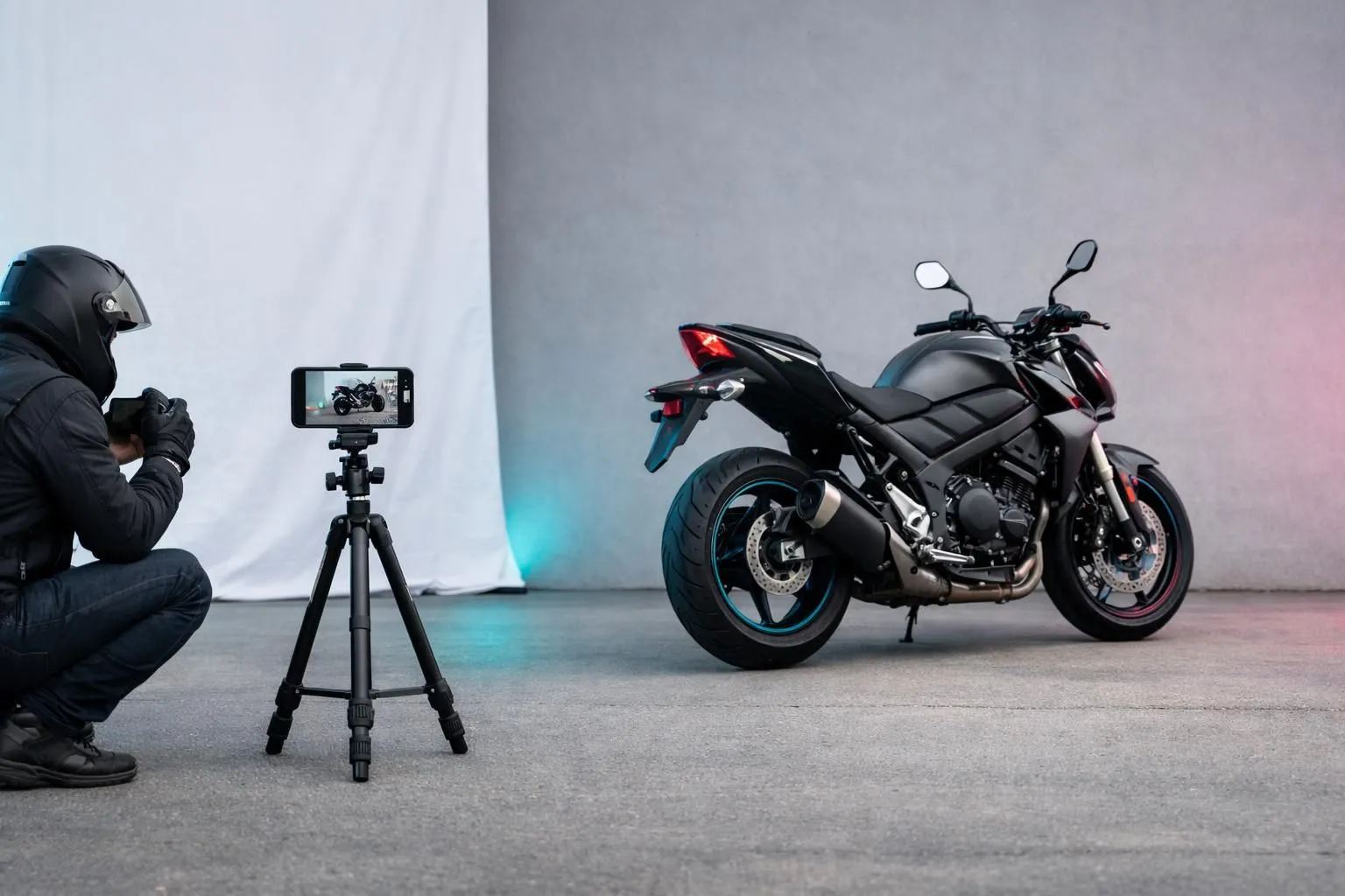 Un motocycliste photographie sa moto en plein air, avec un smartphone monté sur un trépied, la moto positionnée de trois-quarts, sur un fond neutre, illustrant une configuration de prise de vue adaptée pour vendre une moto.