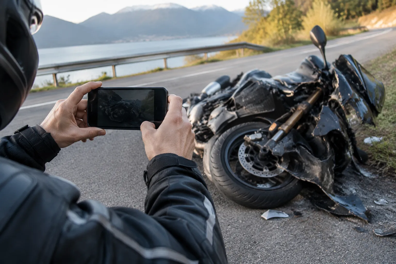 Motard photographie une moto accidentée au bord d’un lac.