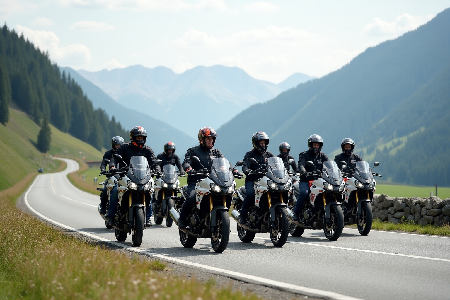 Groupe de motards en randonnée dans les montagnes.