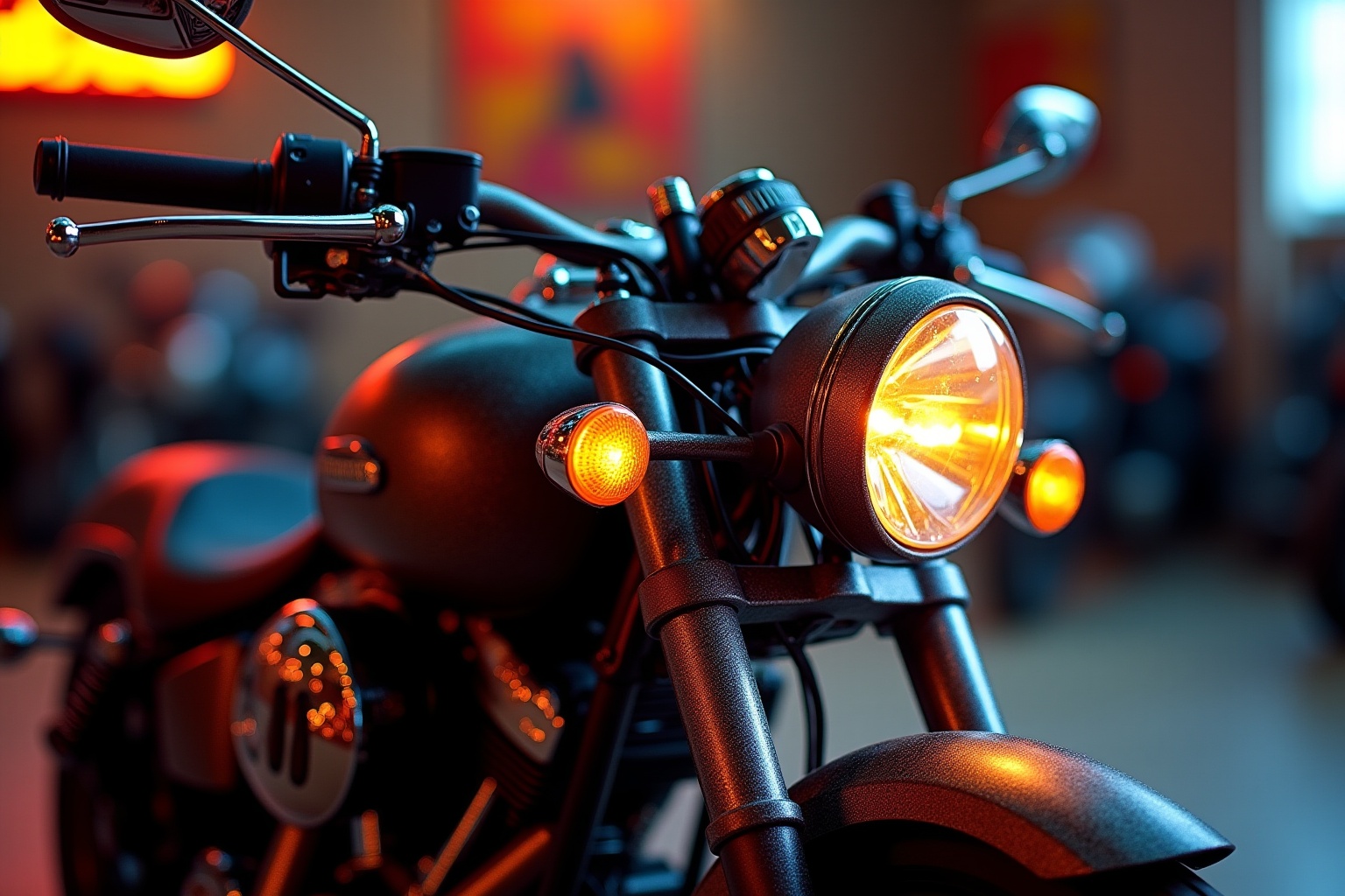 Moto noire avec phare avant lumineux et clignotants orange.
