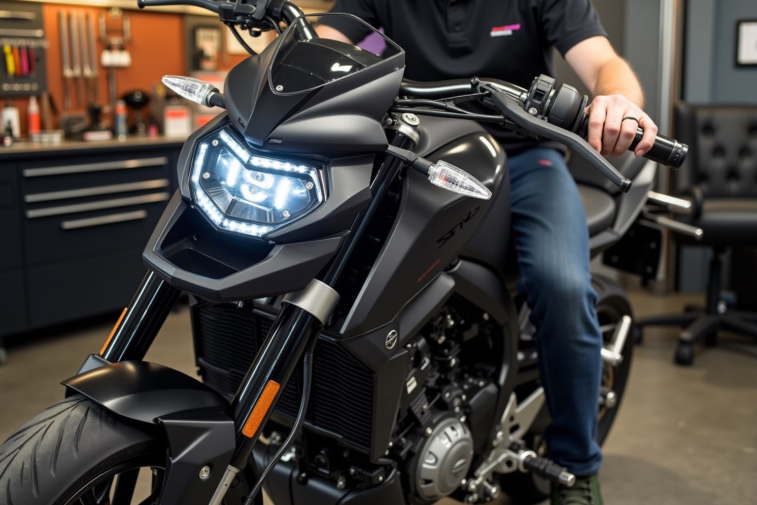Moto noire moderne avec phares LED, réservoir et poignées.