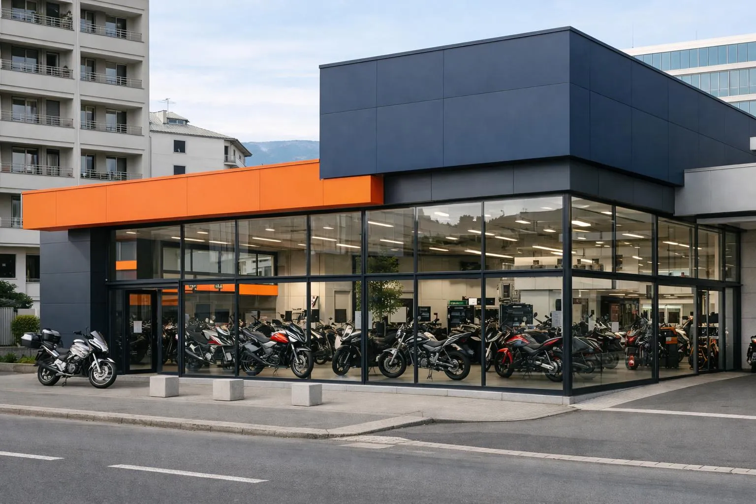 Concession automobile moderne avec motos exposées dans la vitrine.