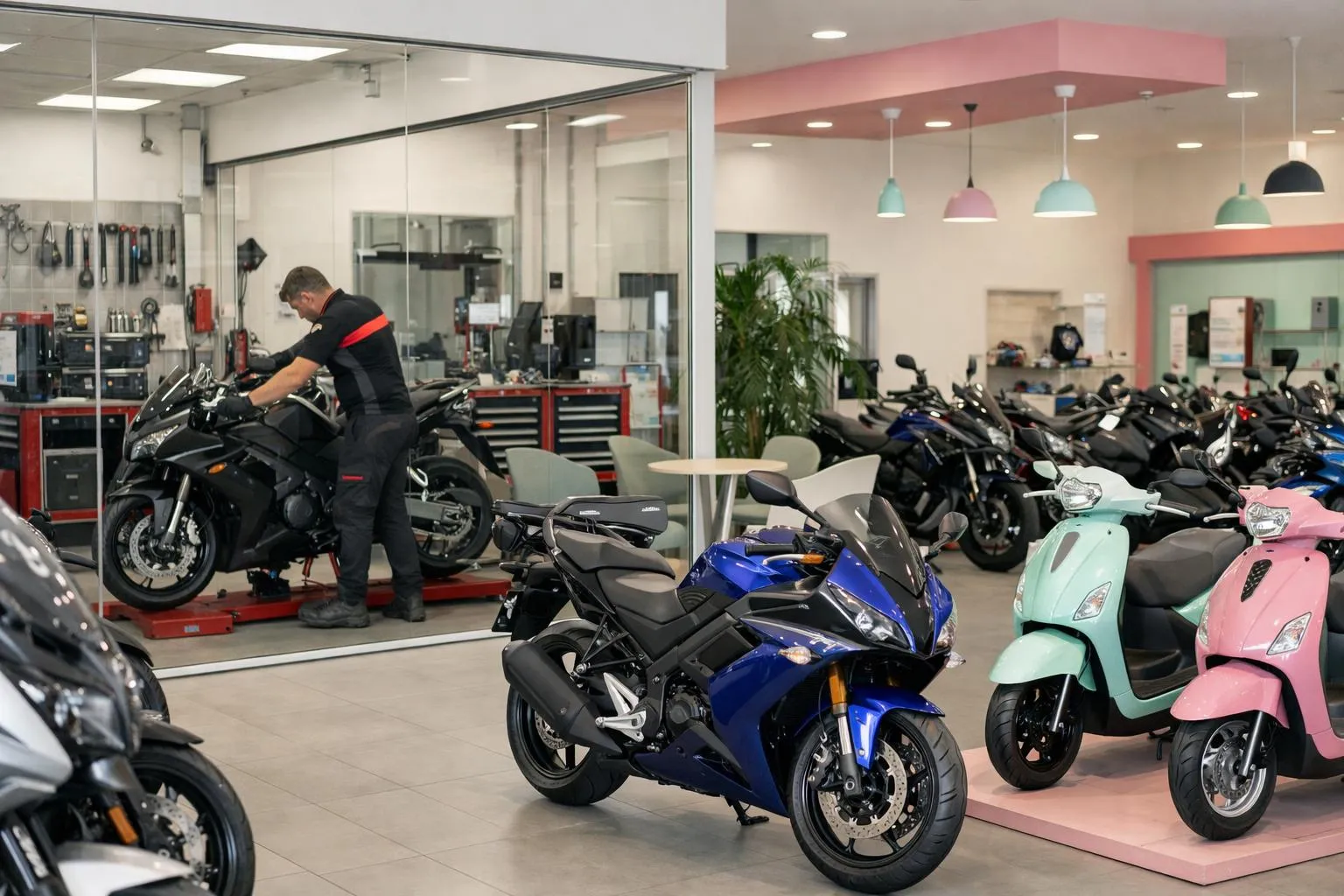Concession de motos avec diverses modèles, outils et mécanicien travaillant sur une moto.