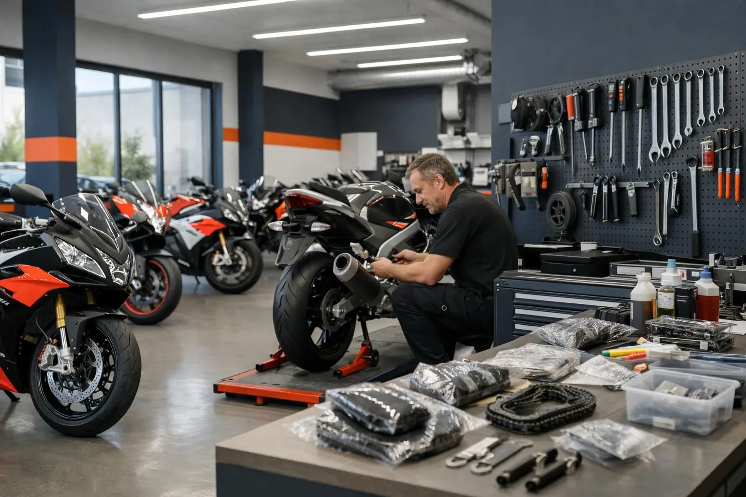 Intérieur d'un atelier de motos moderne avec des Aprilia exposées dans un showroom professionnel, un technicien travaillant sur une moto de sport, des outils et pièces d'origine visibles sur l'établi, un éclairage industriel propre, une ambiance de concession suisse.