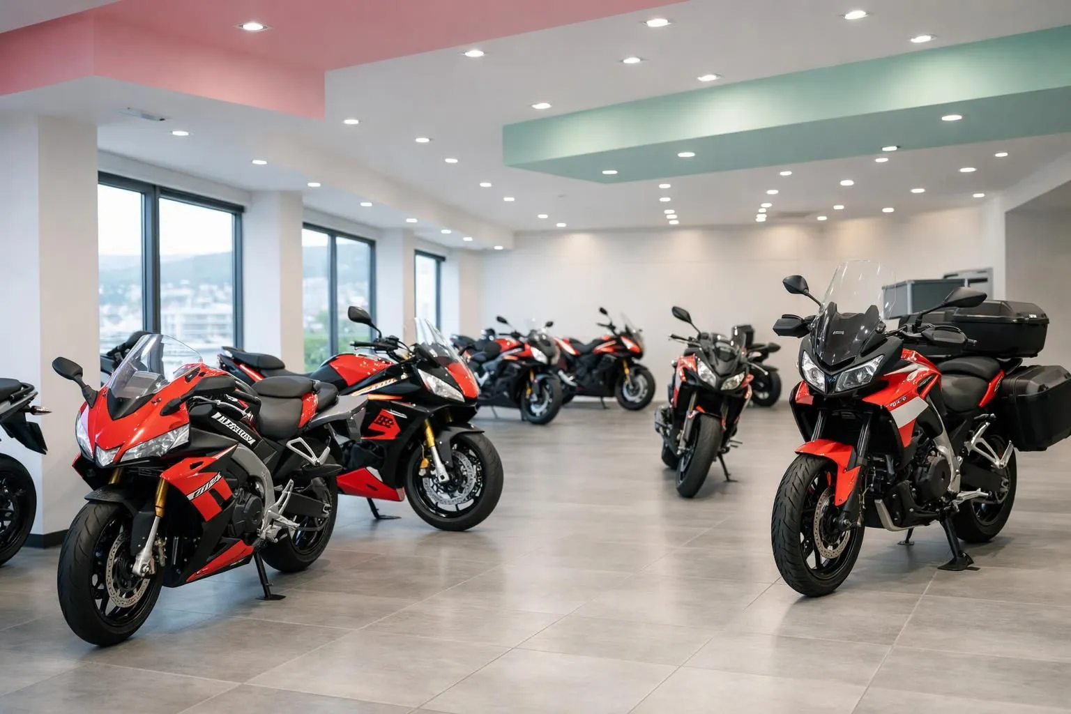 Intérieur d'une concession de motos Aprilia moderne à Neuchâtel, Suisse, présentant des modèles sportifs et d'aventure en rouge et noir sous un éclairage professionnel.