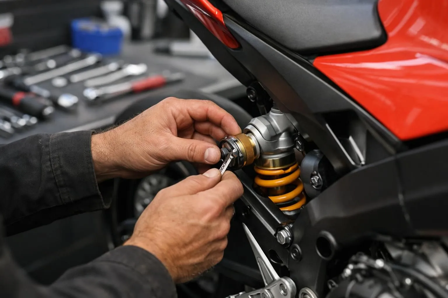 Mécanicien moto ajustant la suspension d'une Aprilia sportive rouge dans un atelier moderne, outils professionnels visibles sur l'établi, éclairage vif soulignant le travail de précision technique, environnement d'atelier Aprilia Neuchâtel.